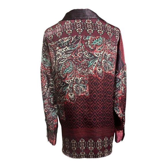 Zara Basic Women’s Size Small Red Satin Button Down BOHO Patchwork Blouse - Picture 3 of 11